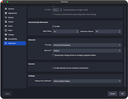 OBS advanced settings